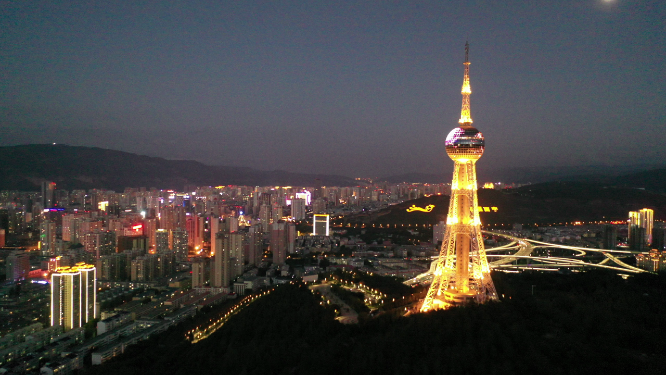 航拍青海西宁浦宁之珠电视塔城市夜景