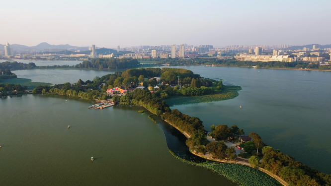 江苏南京城市玄武湖建筑风光全景航拍