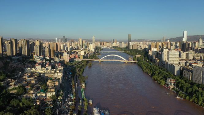 甘肃兰州市黄河江滨高楼建筑城市天际线风光