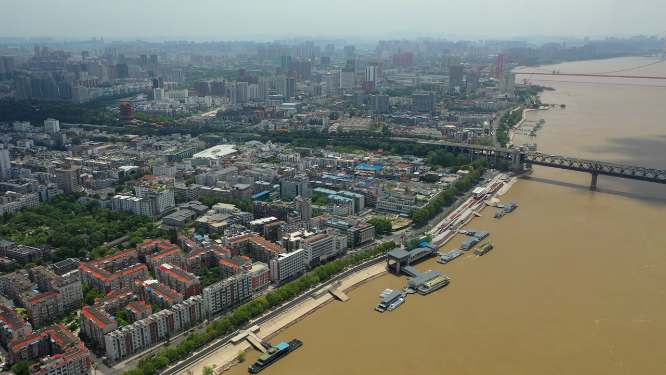 湖北武汉长江大桥城市天际线风光航拍