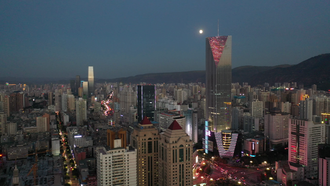 甘肃兰州城市高楼建筑天际线夜景航拍