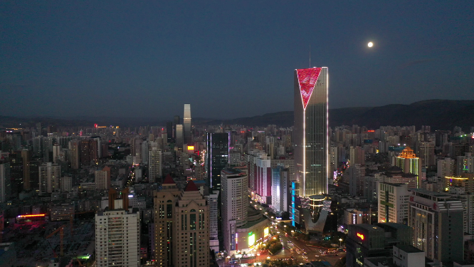 甘肃兰州城市高楼建筑天际线夜景航拍