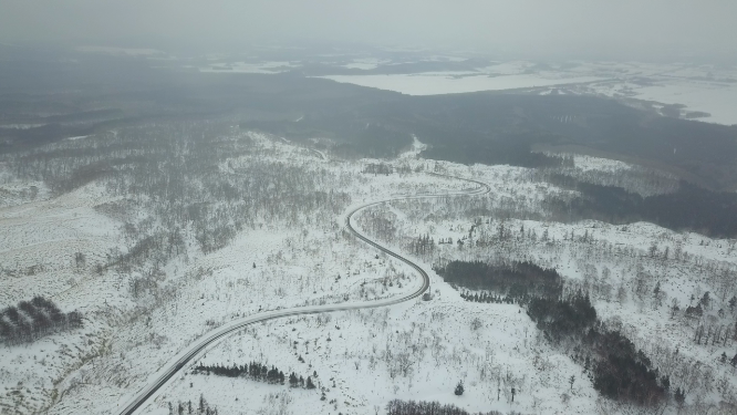 日本北海道冬季雪原森林公路航拍