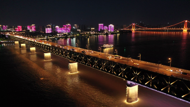 湖北武汉长江大桥夜景天际线风光航拍