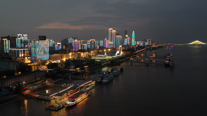 湖北武汉长江两岸城市高楼建筑夜景风光航拍