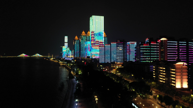 湖北武汉长江汉口江滩都市夜景风光航拍