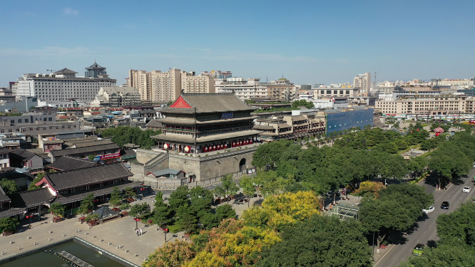 西安钟鼓楼地标建筑城市风光航拍