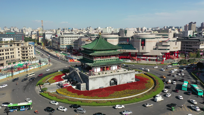 西安钟楼地标建筑城市风光航拍