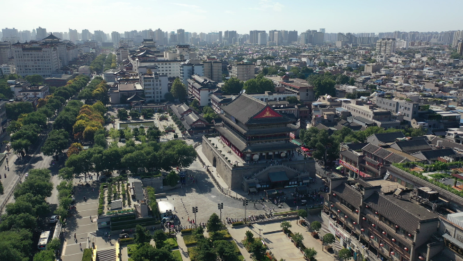 西安钟鼓楼地标建筑城市风光航拍