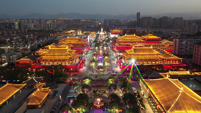 陕西西安雁塔区大唐不夜城夜景航拍景观