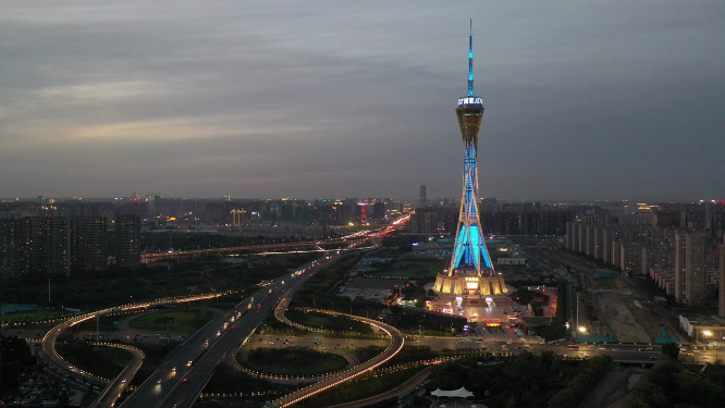 郑州中原福塔夜景城市地标交通航拍