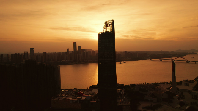 4k长沙城市建筑夕阳剪影航拍