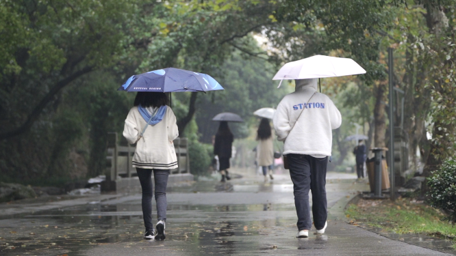 下雨天公园里的行人背影 