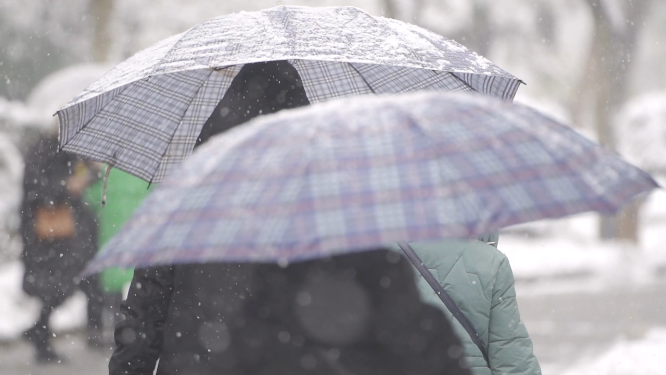 打伞赏雪的路人行人背影 