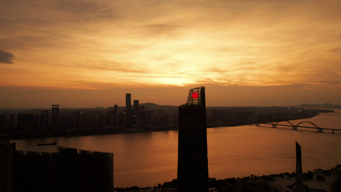 长沙湘江新区城市夕阳航拍