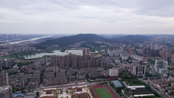 长沙西湖公园岳麓山城市全景航拍 