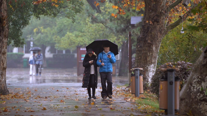 雨中情侣散步玩手机 