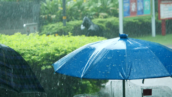 下暴雨，在大雨中打伞行走的人们