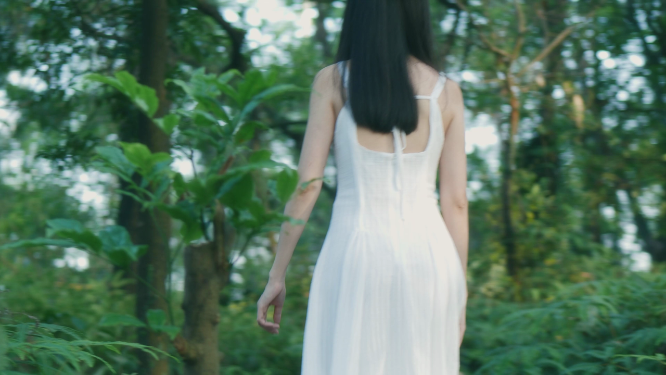 穿白色长裙的女孩在森林行走的背影4k视频