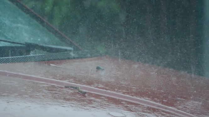 暴雨天气雨水落在汽车车前盖视频素材