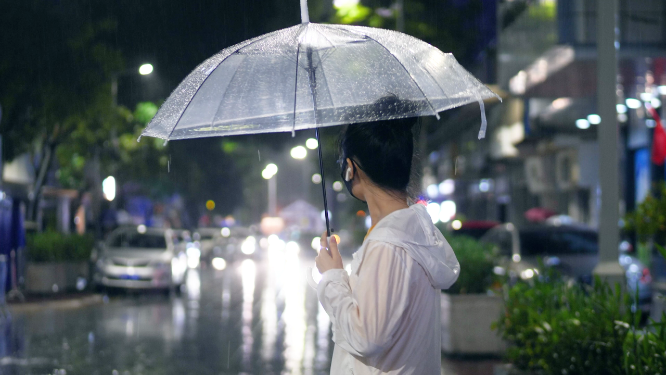 城市雨夜打着透明雨伞在街边等人的女孩视频