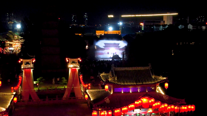 航拍夜晚河南洛阳洛邑古城风景