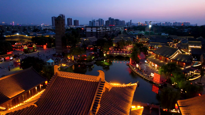 航拍夜晚河南洛阳洛邑古城风景