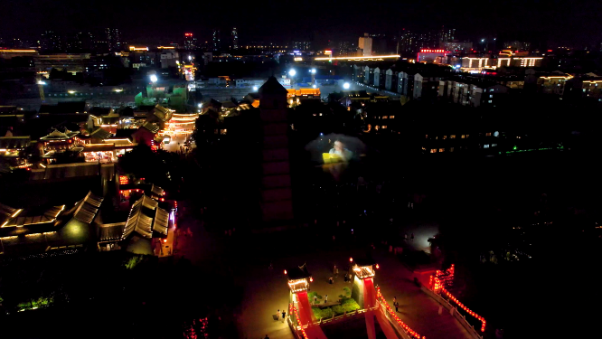 航拍夜晚河南洛阳洛邑古城风景
