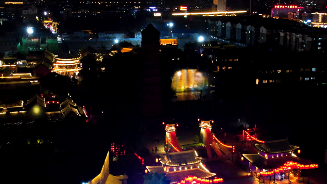 航拍夜晚河南洛阳洛邑古城风景