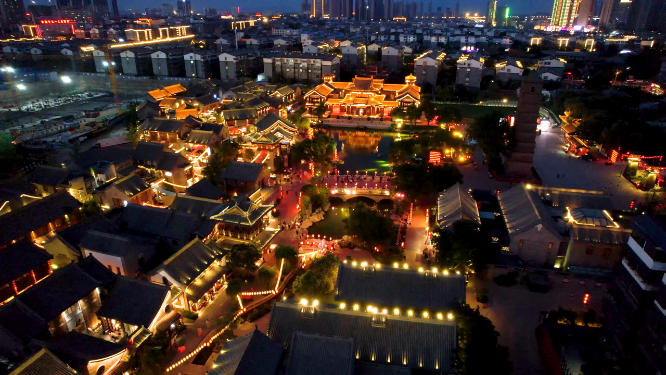 航拍夜晚河南洛阳洛邑古城风景
