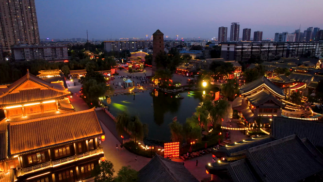 航拍夜晚河南洛阳洛邑古城风景