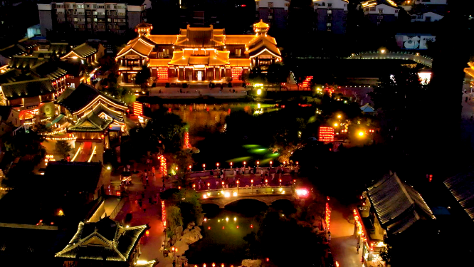 航拍夜晚河南洛阳洛邑古城风景