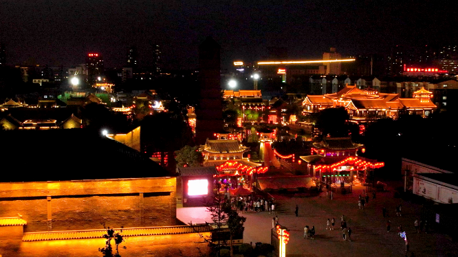 航拍夜晚河南洛阳洛邑古城风景