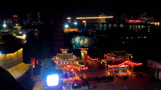 航拍夜晚河南洛阳洛邑古城风景