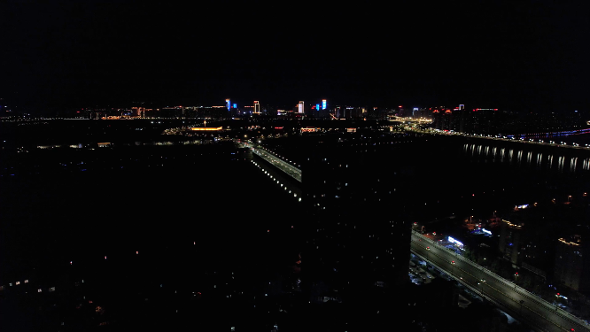 航拍河南洛阳兴洛湖公园周边建筑 夜景