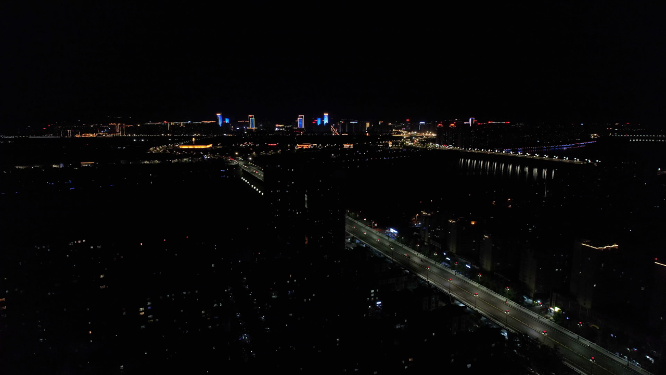 航拍河南洛阳兴洛湖公园周边建筑 夜景
