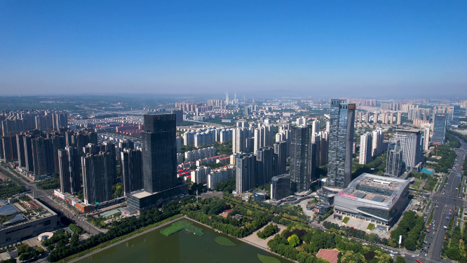航拍河南洛阳兴洛湖公园周边建筑
