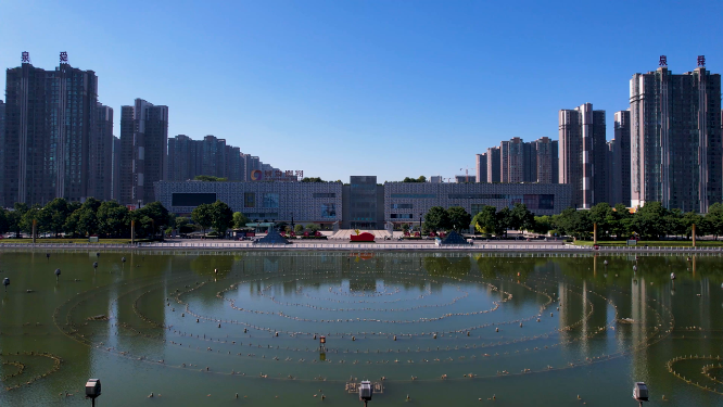 航拍河南洛阳兴洛湖公园周边建筑