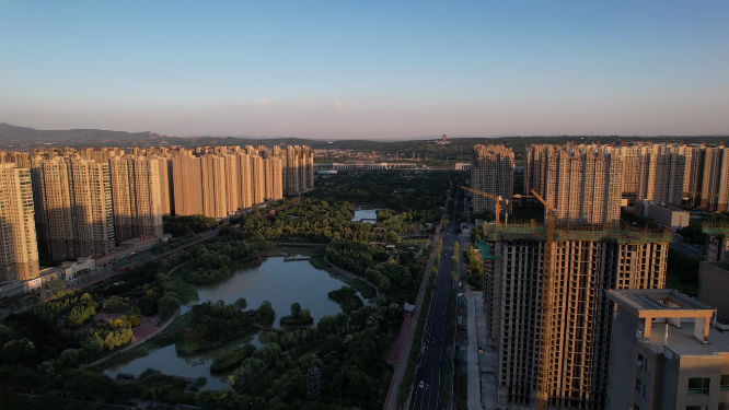 航拍河南洛阳兴洛湖公园周边建筑