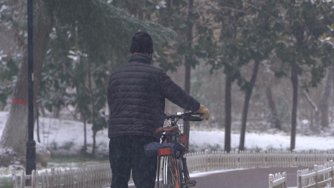 雪景中推自行车的人