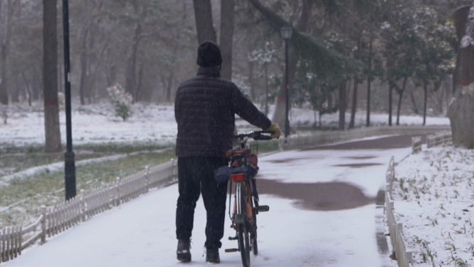 雪景中推自行车的人