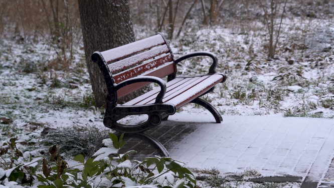 冬天公园里落满积雪的长椅 