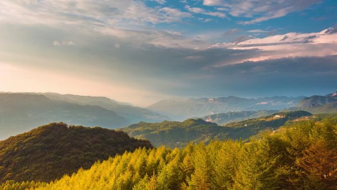 航拍山区夕阳晚霞延时