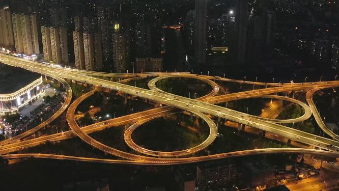 4k航拍武汉城市立交通枢纽车流夜景