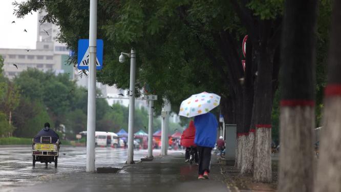 雨中男孩孤独行走的背影