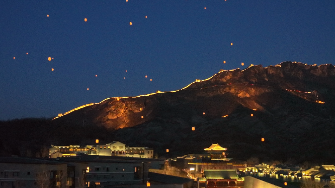 长城孔明灯夜景航拍