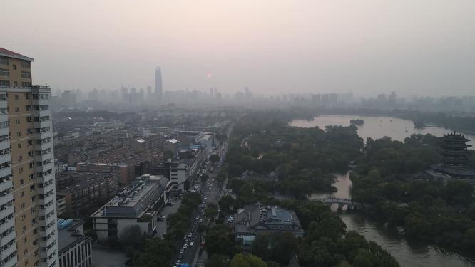 城市航拍山东济南日落晚霞