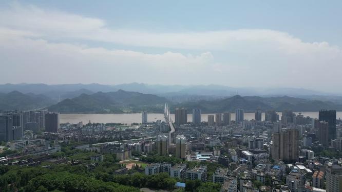 城市航拍湖北宜昌夷陵长江大桥沿江CBD