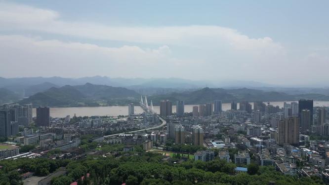 城市航拍湖北宜昌夷陵长江大桥沿江CBD