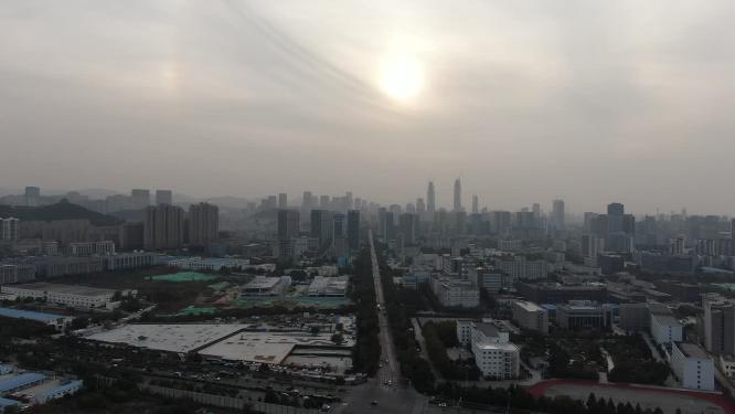 山东济南城市日落晚霞航拍